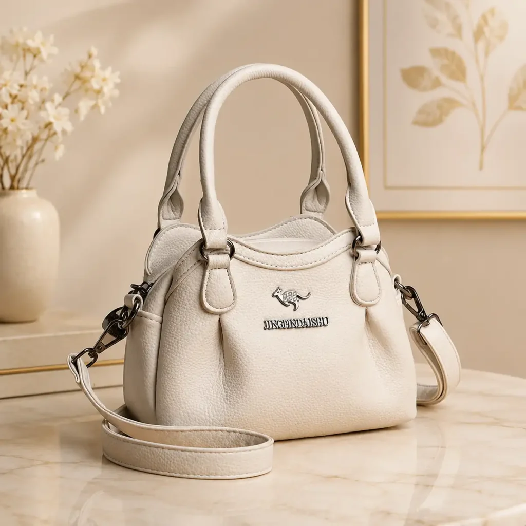 Cream-colored women's handbag with adjustable shoulder strap by LunexBD