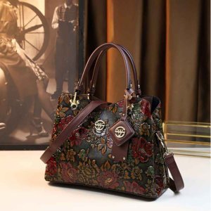 Luxury Women’s Embossed Floral Leather Handbag – Vintage Tooled Top-Handle Satchel with Detachable Crossbody Strap & Designer Charms (Multicolor Art)
