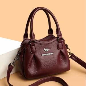 Premium Women’s Elegance Textured Leather Handbag – Designer Top-Handle Shoulder Purse with Detachable Crossbody Strap & Kangaroo Emblem (Deep Wine Red)