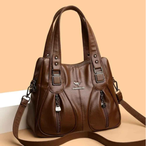 Premium Women's Vintage Leather Shoulder Bag – Multi-Pocket Crossbody Handbag with Adjustable Strap & Designer Kangaroo Motif (Classic Brown)