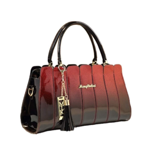 Luxury Women’s Patent Leather Ombre Handbag – Glossy Top-Handle Satchel with Golden Hardware, Scalloped Border & Designer Tassel Charm (Red & Black Gradient)