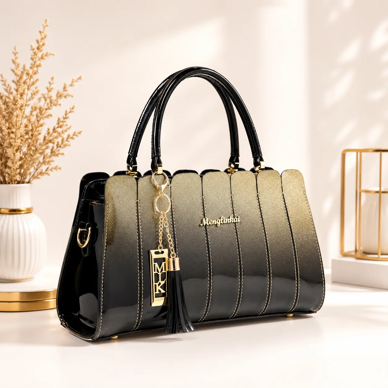Women leather handbag champagne gold color with elegant design